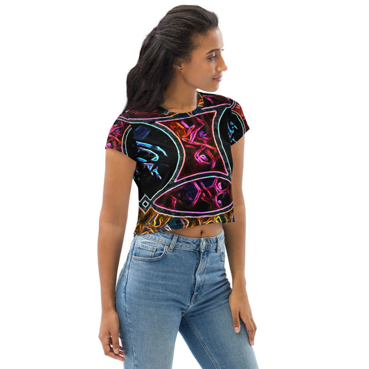 All-Over Print Crop Tee Runes 2 featuring a vibrant Celtic Grail Quest design with mirrored chalice shapes, rich neon colors, and intricate runic lines blending ancient mythology with modern retro art aesthetics.