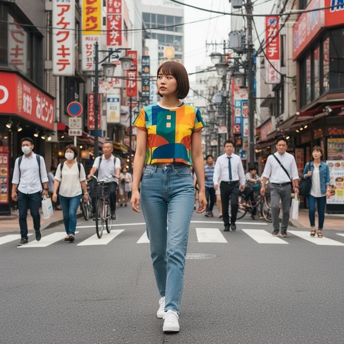 Full body lifestyle view of a woman walking in a Japanese city street wearing an all-over print crop tee with vintage naive abstract cityscape design featuring colorful geometric shapes inspired by urban rooftops and playful architectural forms displayed in real-life movement and lighting conditions