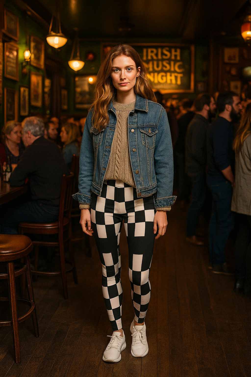 full body woman standing in irish pub wearing crossed illusion women casual leggings with black and white geometric op art pattern bold optical squares dynamic street fashion indoor lifestyle warm lantern light crowded bar scene