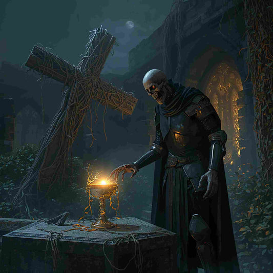 Dark fantasy mobile wallpaper showing a skull-faced armored knight reaching toward a glowing golden grail in ruined chapel courtyard under moonlight, cinematic gothic atmosphere, vertical phone background