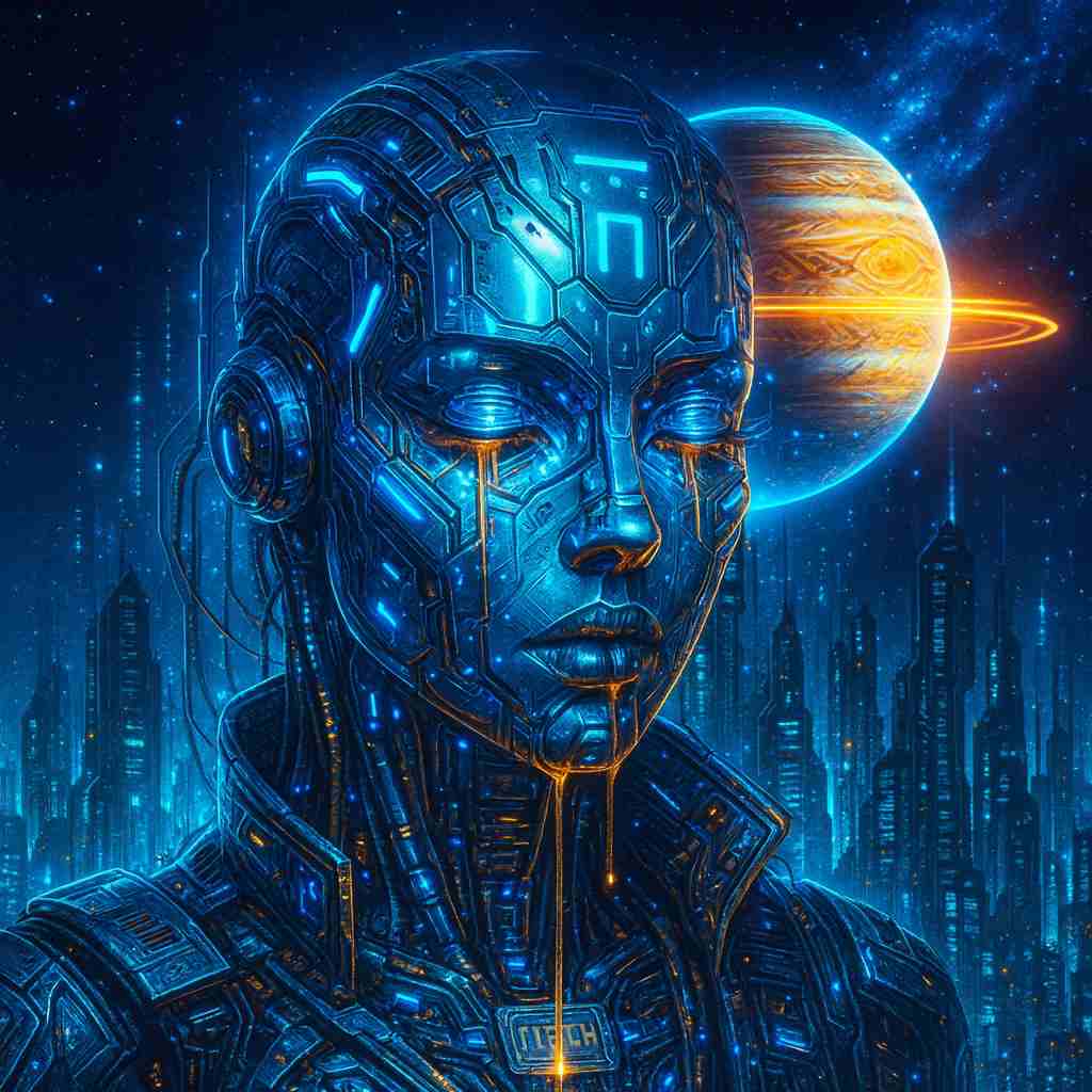 Cybernetic android queen with glowing blue circuitry and metallic face standing before a futuristic city and a ringed planet, liquid light flowing from her eyes, creating a calm cosmic cyberpunk atmosphere designed for smartphone lock screen and home screen use
