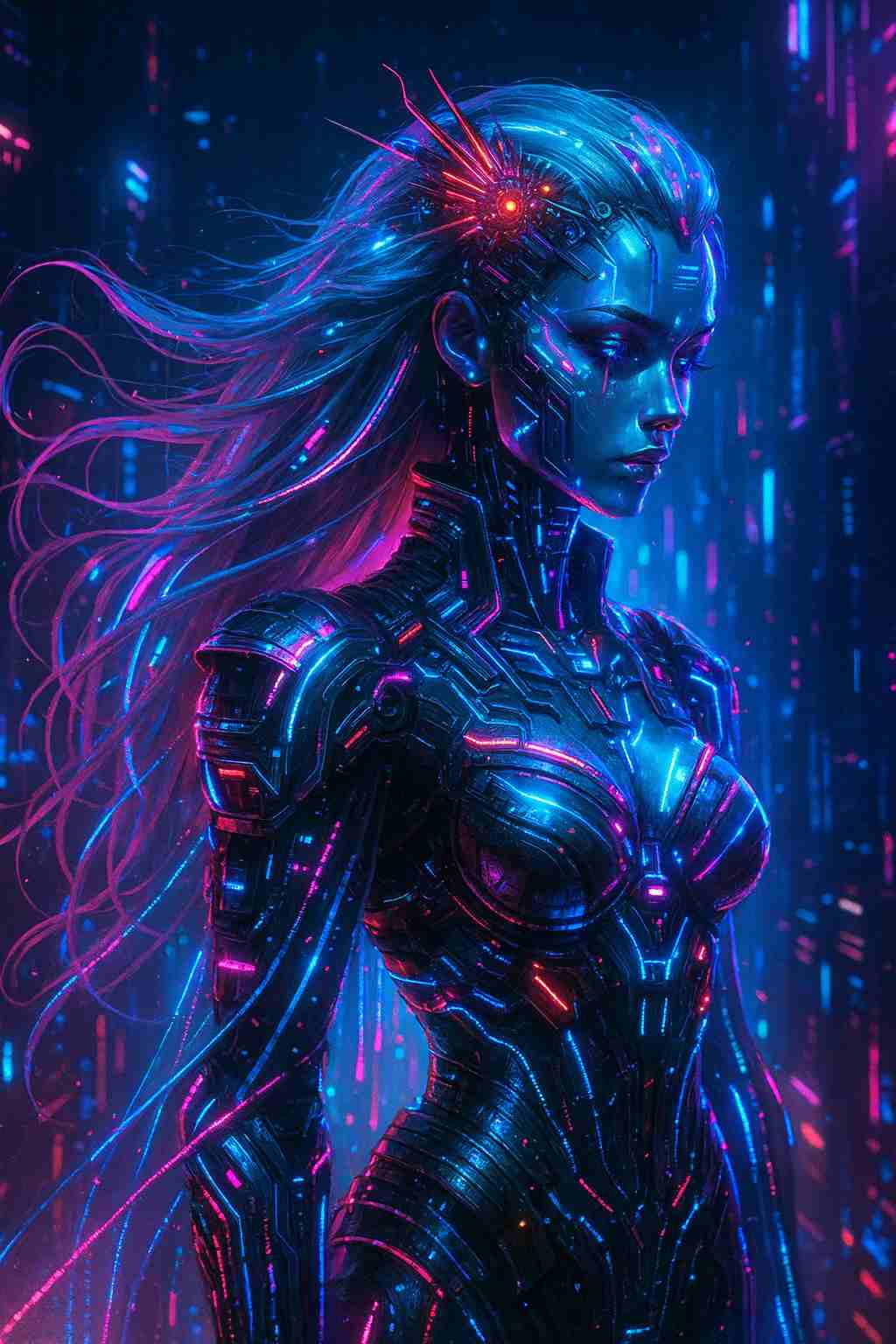 Cyberpunk chrome oracle with glowing blue and magenta circuitry stands in digital rain, synthetic hair flowing around luminous armor, creating a calm futuristic portrait with strong contrast, designed for smartphone lock screen and home screen use