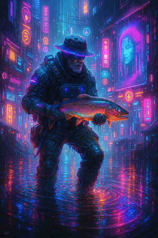 Cyberpunk fisherman standing in knee deep water holds a glowing fish under neon rain, wearing tactical gear and hat as colorful signs reflect on wet streets, towering skyscrapers and holographic symbols surrounding him, creating a gritty futuristic scene designed for smartphone lock screen use