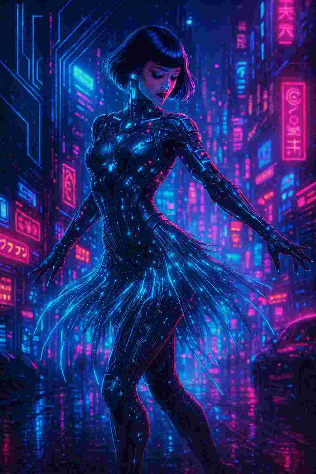 Cyberpunk woman dancing in a rain soaked neon city, her luminous futuristic suit glowing blue and pink among holographic signs and wet streets, creating a vibrant dystopian atmosphere designed for smartphone lock screen and home screen use with strong contrast and vertical cinematic depth