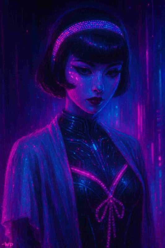 Cyberpunk female singer with short dark hair and glowing headband stands in neon rain, wearing a futuristic dress with luminous details, calm expression and soft light shaping her face, creating a moody cyberpunk portrait designed for smartphone lock screen and home screen use