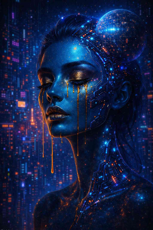 Cyberpunk female android with blue metallic skin and glowing circuit patterns, golden tears flowing from closed eyes, artificial intelligence portrait with digital sphere and neon lights in a futuristic dystopian megacity at night