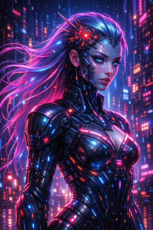 Chrome cyberpunk sentinel standing in a neon city at night, featuring a futuristic female android with glowing red and blue circuitry, metallic armor, illuminated hair and artificial intelligence implants, creating a powerful dystopian sci-fi portrait designed for vertical mobile phone wallpaper use