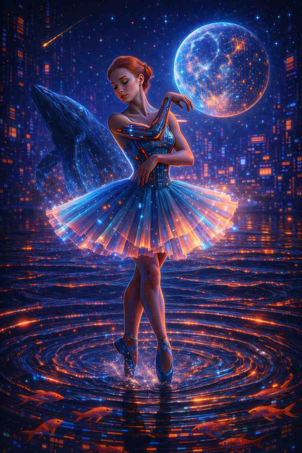 Cosmic cyberpunk ballerina floating above a luminous digital surface, wearing a glowing futuristic tutu and cybernetic arm, with a holographic moon sphere and neon megacity background, blending sci-fi ballet, cosmic light, and dystopian cyberpunk atmosphere for vertical mobile wallpaper use