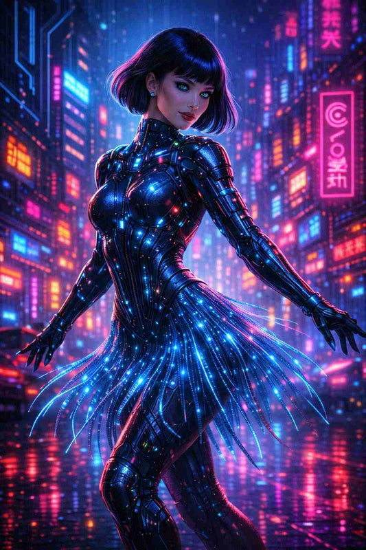 Cyberpunk digital dancer standing in a neon city at night, wearing a futuristic armored bodysuit with glowing blue and magenta light strands, surrounded by holographic signs and reflective streets, creating a high-contrast sci-fi cyberpunk atmosphere ideal for mobile phone wallpaper backgrounds