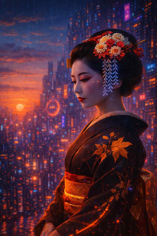 Cyberpunk woman in a traditional kimono standing in profile before a neon city at dusk, wearing floral hair ornaments and metallic details. Warm orange reflections blend with blue city lights, rain falling softly over a futuristic skyline, creating a calm poetic cyberpunk scene designed for vertical smartphone wallpaper display.