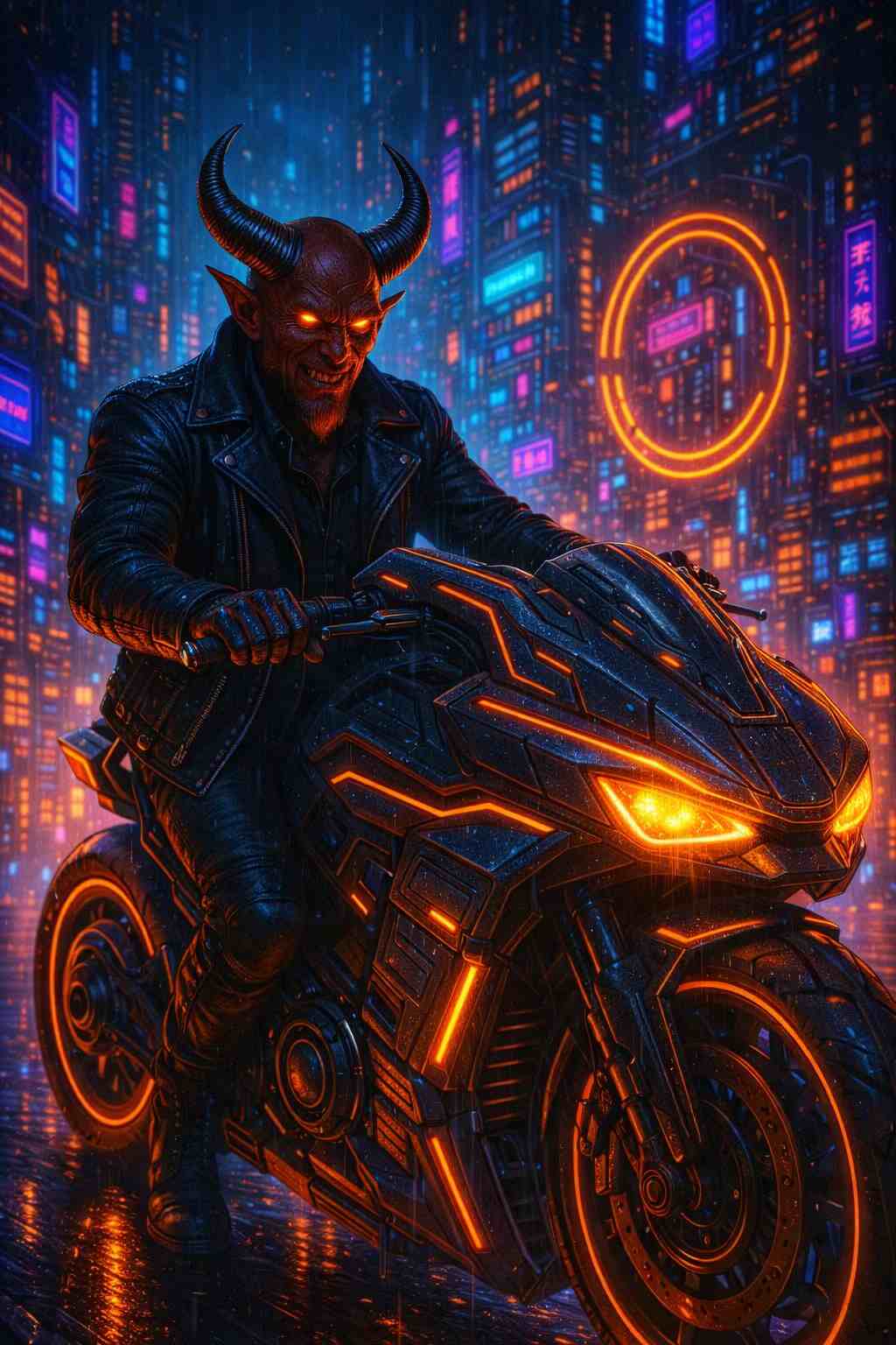 Horned cyberpunk rider on a futuristic armored motorcycle glowing with orange neon lights, racing through rain-soaked streets beneath a towering neon megacity skyline, creating a dark dystopian scene designed for vertical smartphone wallpaper.