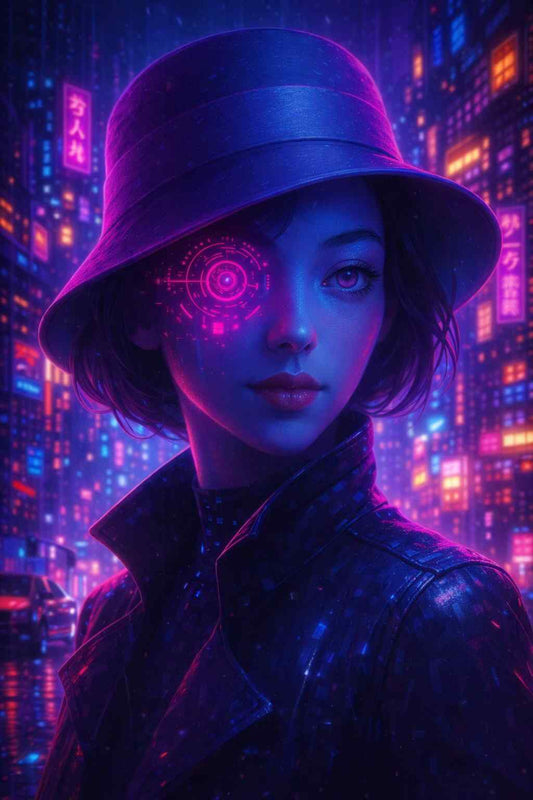 Cyberpunk woman wearing a dark coat and bucket hat in a neon city at night, featuring a glowing cybernetic HUD eye. Rain-soaked futuristic streets, holographic signs, and vibrant purple and blue lights create a calm surveillance-themed cyberpunk scene designed for vertical smartphone wallpaper display.