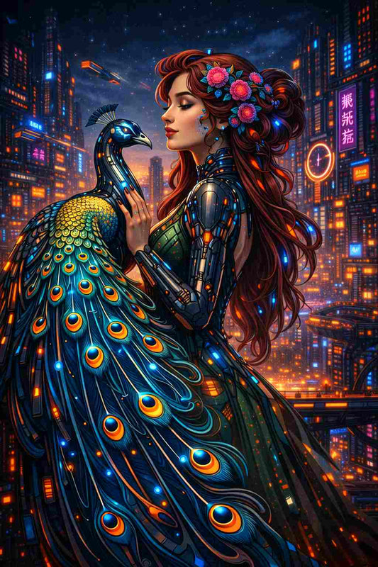 Cyberpunk woman standing with a luminous peacock above a neon city at night, wearing biomechanical armor with floral circuitry details. Futuristic skyline filled with glowing lights and symbols, creating a calm yet vigilant cyberpunk scene designed for vertical smartphone wallpaper display.