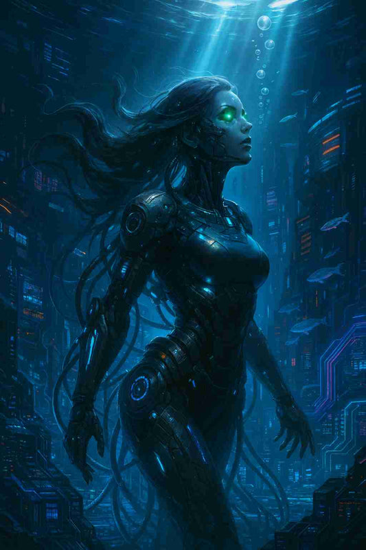 Vertical cyberpunk phone wallpaper showing a futuristic cybernetic woman with glowing green eyes and biomechanical armor, rising inside a submerged neon city, surrounded by floating cables, bubbles, blue light rays and digital structures, creating an underwater sci fi atmosphere.