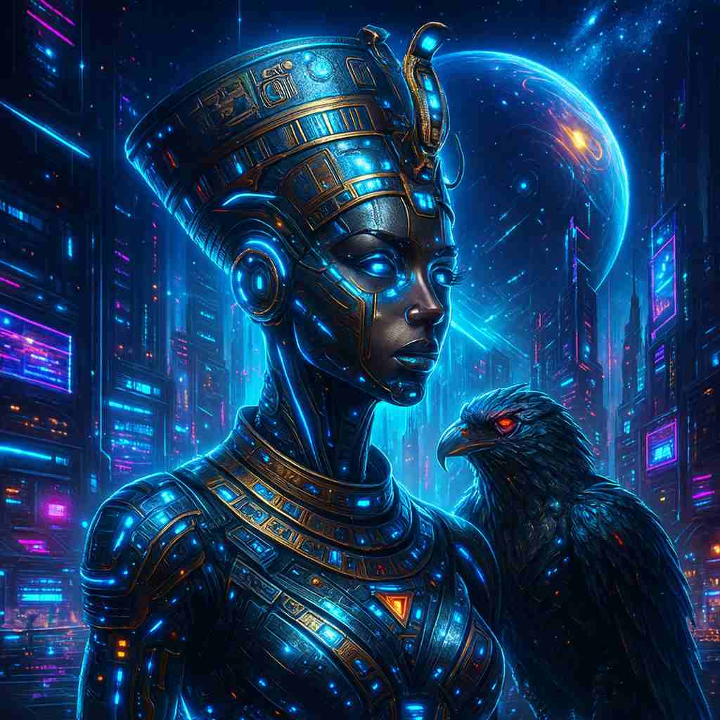 Vertical cyberpunk phone wallpaper depicting a futuristic cyber queen with intricate metallic armor and glowing blue circuitry, standing in a neon sci fi city beneath a luminous planet, accompanied by a vigilant falcon, cinematic cyberpunk atmosphere designed for smartphone lock screen and home screen use