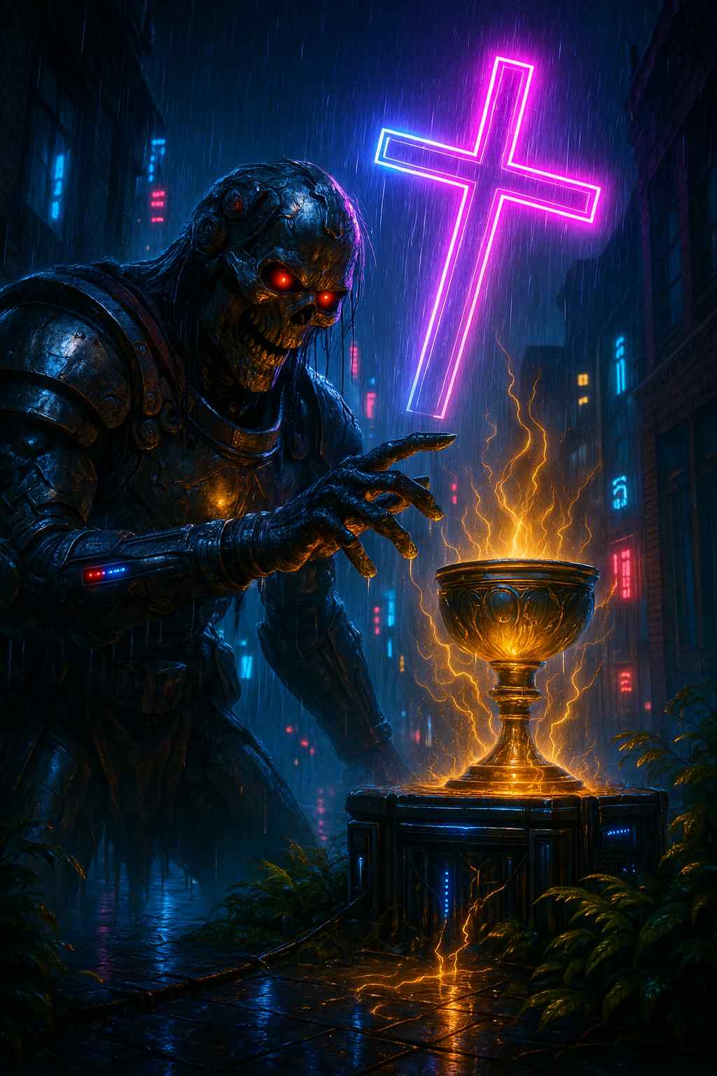 Vertical cyberpunk phone wallpaper showing a skeletal armored cyborg revenant with glowing red eyes reaching toward an electrified golden chalice, beneath a neon cross in a rain soaked dystopian city alley, with wet reflections, mist, and techno religious sci fi mood for lock screen and home screen