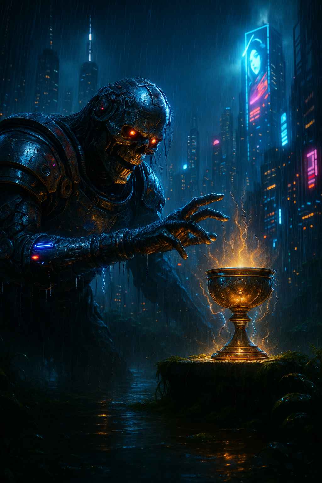 Vertical cyberpunk phone wallpaper showing a skeletal cybernetic revenant with glowing orange eyes in a rain soaked neon city, reaching toward a radiant golden grail on a moss covered pedestal, surrounded by mist, reflections and dystopian sci fi mood for smartphone lock screen and home screen use