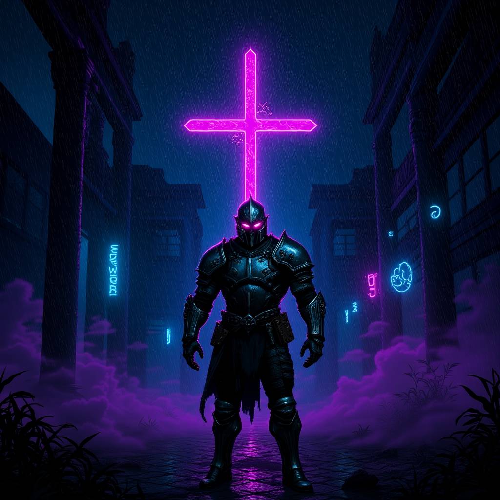 Vertical cyberpunk phone wallpaper featuring a futuristic armored knight standing in a rain soaked neon alley beneath a glowing violet cross, dark dystopian city with holographic signs, purple fog and reflective pavement, cinematic sci fi atmosphere optimized for lock screen and home screen use on smartphones