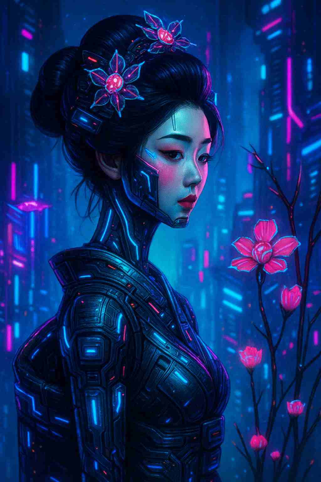 Vertical cyberpunk phone wallpaper featuring a calm futuristic woman in cybernetic armor, hair in a bun with glowing floral ornaments, face lit by blue and magenta neon, standing before a sci fi city backdrop with bright pink sakura blossoms, designed for lock screen and home screen use