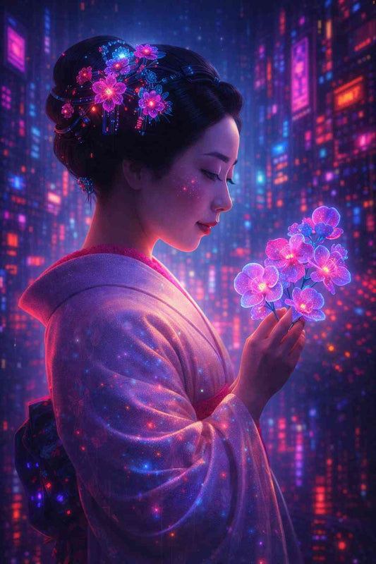 Cyberpunk woman in traditional attire holding glowing sakura flowers while standing in a neon city at night. Pink and violet blossoms illuminate her face as digital particles and rain blend with blue and magenta city lights, creating a calm poetic cyberpunk scene designed for vertical smartphone wallpaper display.