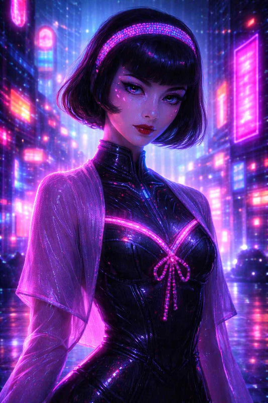 Cyberpunk woman standing in a neon city at night, wearing a futuristic outfit with translucent fabric and a glowing headband. Pink, purple, and blue neon lights surround her, with soft reflections and digital particles creating an elegant, romantic cyberpunk scene designed for vertical smartphone wallpaper display.