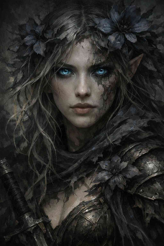 Dark fantasy mobile wallpaper showing an ash bloom elven sentinel with glowing blue eyes, cracked facial markings, blackened flowers in her hair, leaf-textured dark armor, and a somber forest atmosphere surrounding her, portrayed in a detailed close-up portrait style.