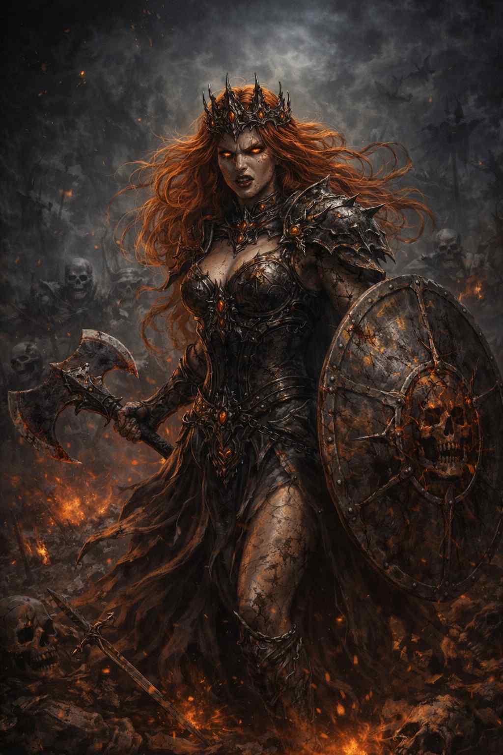 Dark fantasy mobile wallpaper of a fiery-haired warlady standing amid burning ruins, wielding a double-headed axe and carrying a cracked shield marked with a skull emblem, her ember-lit skin and scorched armor glowing through smoke, flames, and rising skeletal warriors.