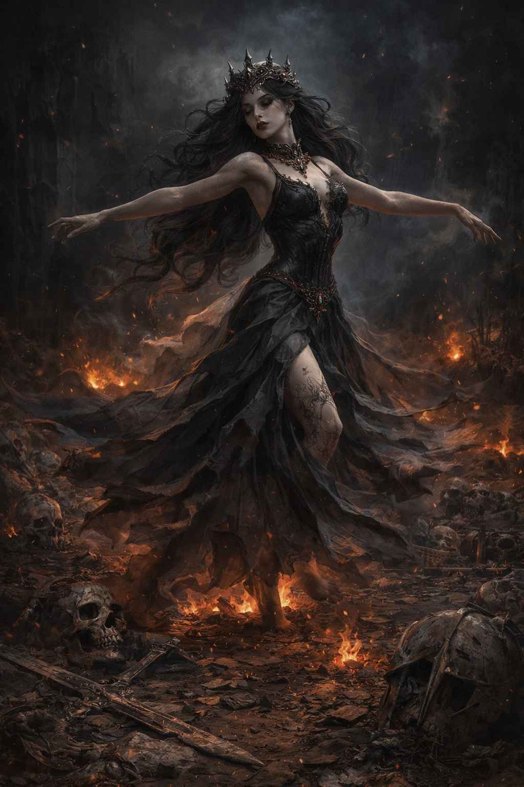 Dark fantasy mobile wallpaper featuring the Ashen Queen dancing amid burning ruins, wearing a black flowing gown and spiked crown, surrounded by flames, skulls, shattered weapons, and swirling ash, creating a dramatic and cinematic apocalyptic scene for immersive phone displays.