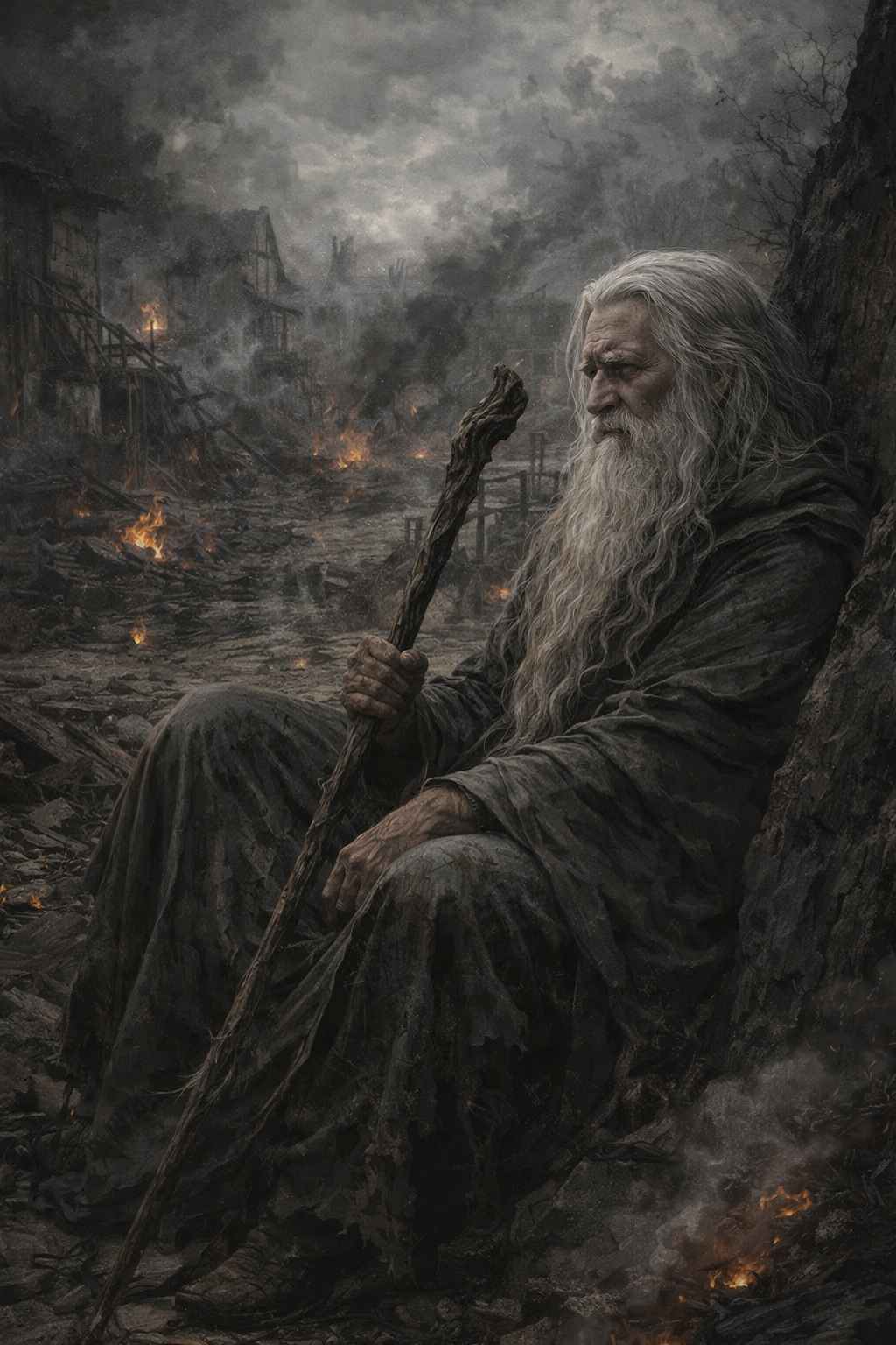 Dark fantasy mobile wallpaper showing an elderly sage with a long silver beard sitting among the burning ruins of a destroyed village, holding a weathered staff, surrounded by smoke, embers, shattered wood, and scorched earth, creating a somber and cinematic post-apocalyptic atmosphere for phone screens.