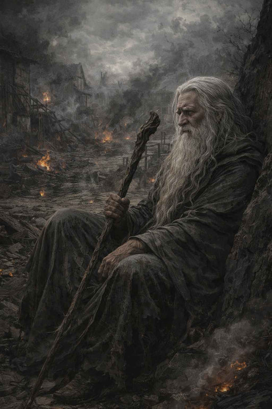 Dark fantasy mobile wallpaper showing an elderly sage with a long silver beard sitting among the burning ruins of a destroyed village, holding a weathered staff, surrounded by smoke, embers, shattered wood, and scorched earth, creating a somber and cinematic post-apocalyptic atmosphere for phone screens.