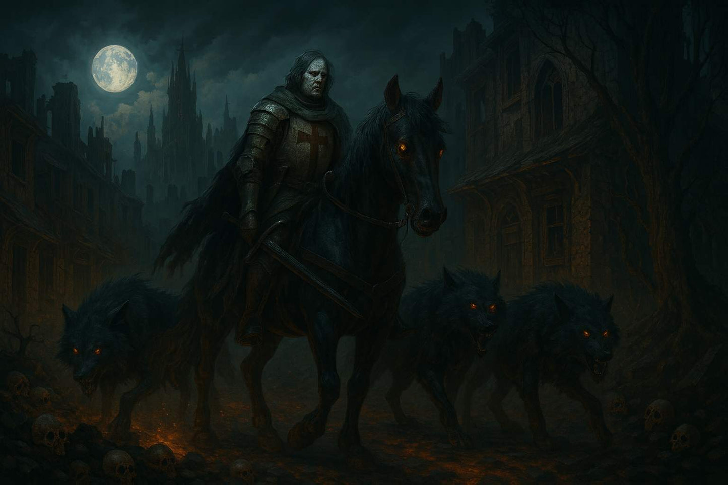 Dark Fantasy Black Rider PC wallpaper featuring a knight on horseback surrounded by glowing-eyed wolves in a ruined, gothic city under a full moon. Perfect for lovers of dark fantasy, gothic art, and supernatural creatures.