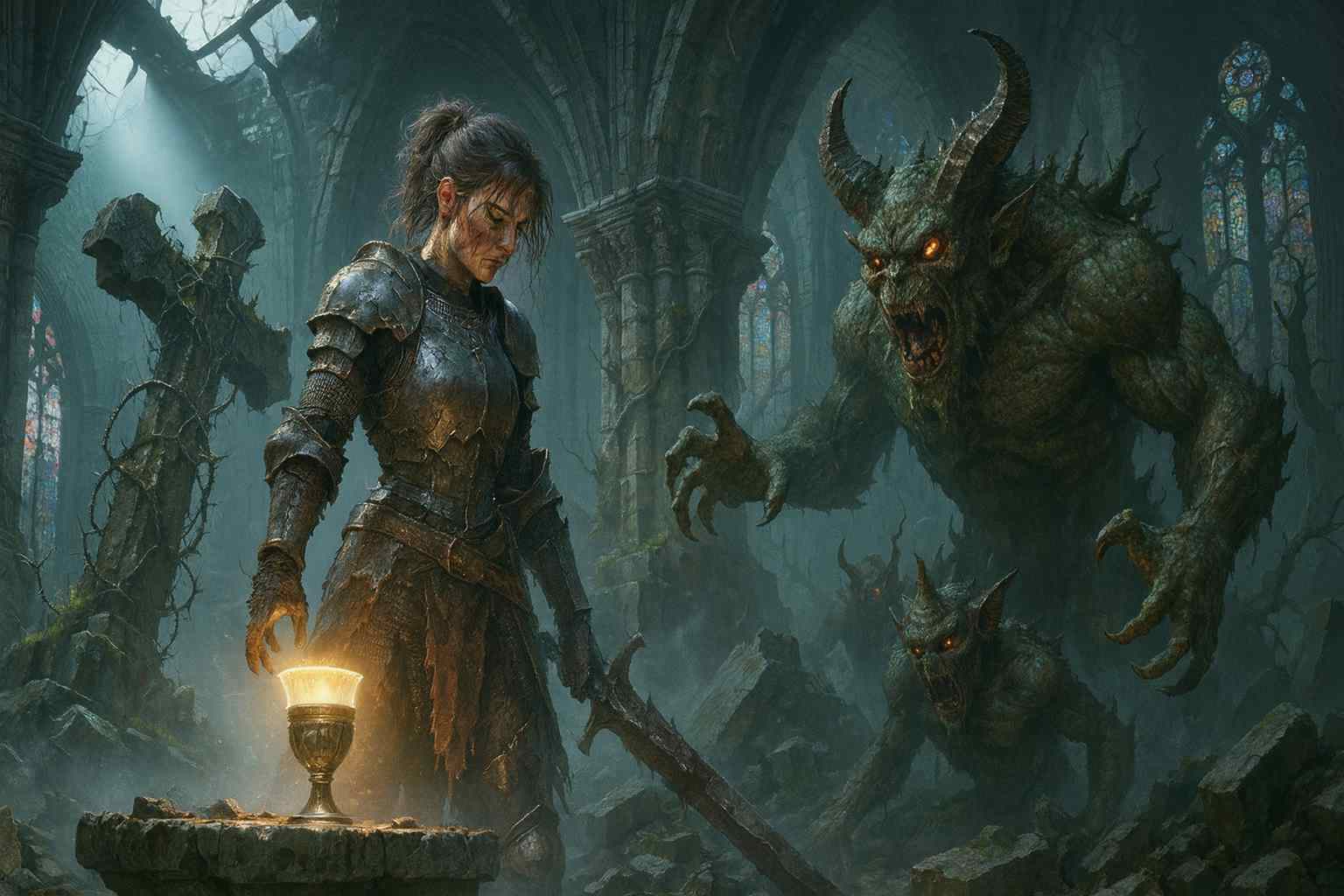 Dark Fantasy Cursed Chalice PC wallpaper featuring a warrior holding a cursed chalice in a haunted cathedral, surrounded by glowing demonic figures. This dark fantasy artwork is perfect for fans of gothic horror and epic fantasy.