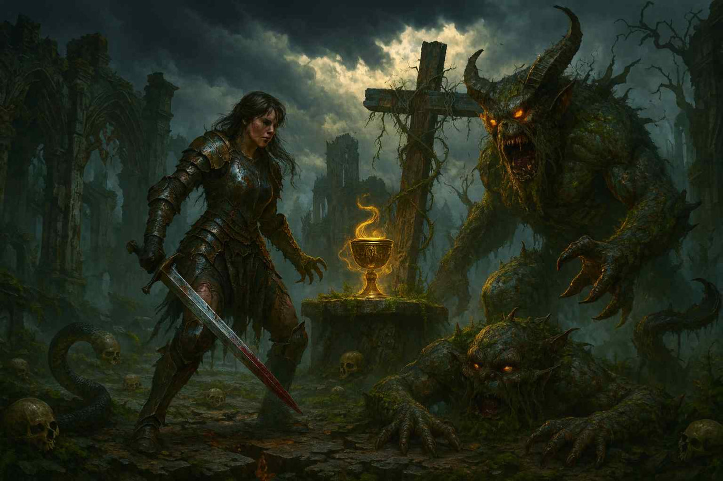 Dark Fantasy Cursed Grail PC wallpaper featuring a warrior holding a glowing cursed chalice in a haunted cathedral, surrounded by demons and supernatural creatures, perfect for fans of gothic horror and fantasy art.