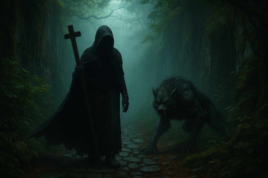 Dark fantasy PC wallpaper depicting a cursed hooded priest holding a cross while walking through a misty forest beside a demonic wolf, creating a gothic and ominous atmosphere inspired by grim dark mythology, perfect for fantasy fans, gamers, and dark aesthetic desktop environments