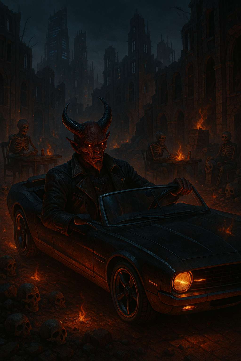 Dark fantasy mobile wallpaper depicting a horned demon driving a car through burning ruins filled with skulls and fire, surrounded by gothic architecture, smoke, and infernal cinematic lighting.