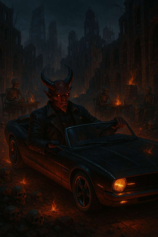 Dark fantasy mobile wallpaper depicting a horned demon driving a car through burning ruins filled with skulls and fire, surrounded by gothic architecture, smoke, and infernal cinematic lighting.