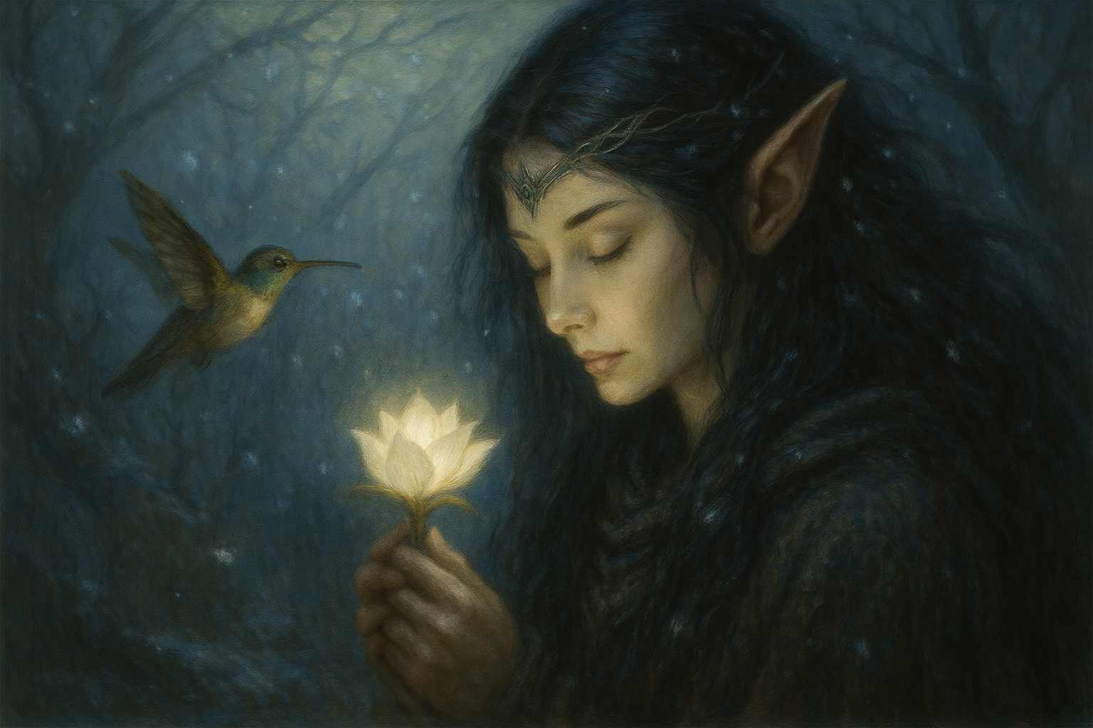 Dark Fantasy Elf Light PC wallpaper featuring a mystical elf in a glowing forest, holding a luminous flower. Surrounded by ethereal light and a mystical hummingbird, this artwork brings the beauty of fantasy creatures and magical environments to life, perfect for Dark Fantasy lovers.