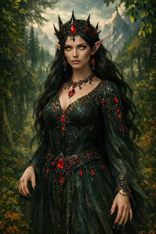 Dark fantasy mobile wallpaper featuring an elven queen standing in an enchanted forest, adorned with glowing crimson gemstones, intricate dark armor, flowing black hair, and intense golden eyes, creating a striking and atmospheric magical scene designed for cinematic and immersive phone displays.