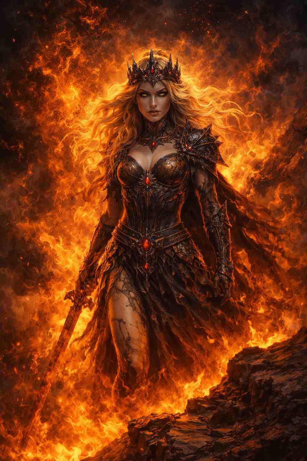 Dark fantasy mobile wallpaper showing a fiery valkyrie warrior queen emerging from erupting volcanic flames, wearing ember-forged armor and a glowing crown, holding a blazing sword, with molten light reflecting off her flowing hair and scorched terrain to create an intense apocalyptic atmosphere.