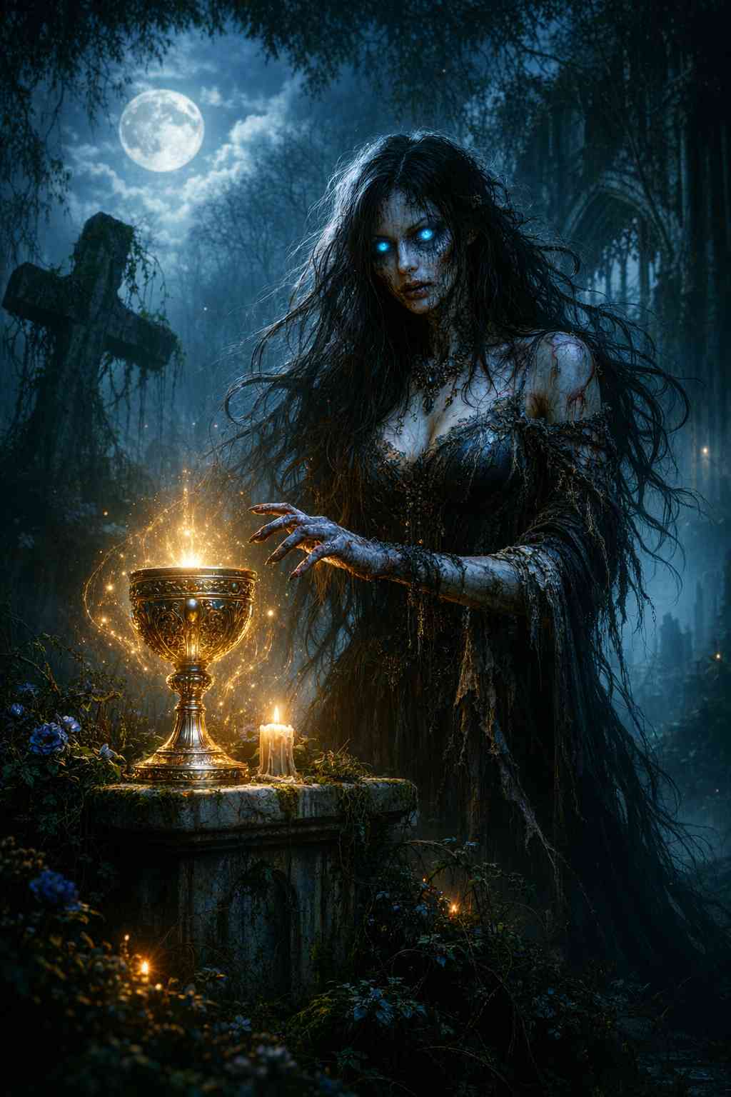 Dark fantasy mobile wallpaper depicting a mystical enchantress with glowing eyes reaching toward a radiant golden grail in a moonlit forest ruin, surrounded by gothic atmosphere, candles, mist, and cinematic lighting.