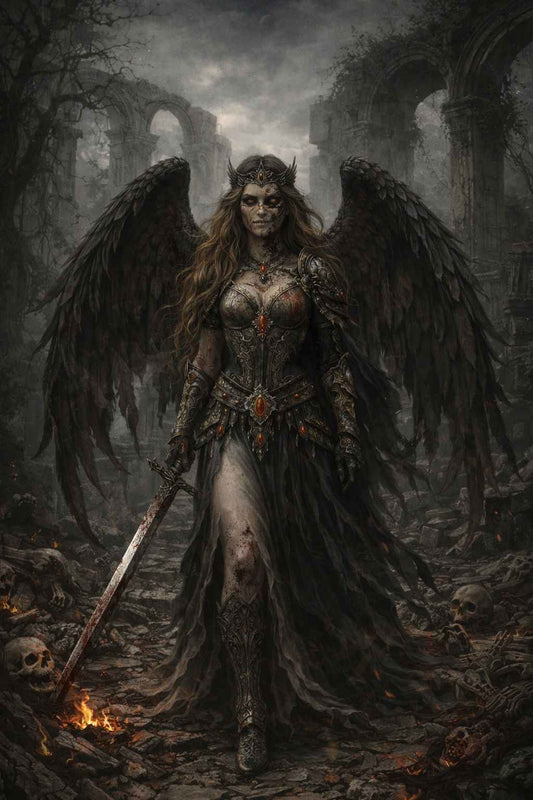 Dark Fantasy mobile wallpaper showing a fallen angel warrior with skeletal features, tattered black wings, blood-stained sword, ornate armor with glowing amber stones, walking through skulls and burning ruins under ancient stone arches, designed as a vertical phone background.