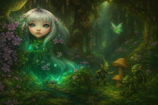 Magical dark fantasy wallpaper featuring a forest fairy with green hair, surrounded by glowing flowers and mischievous goblins in an enchanted forest, creating a whimsical and serene atmosphere, perfect for fantasy desktop backgrounds.