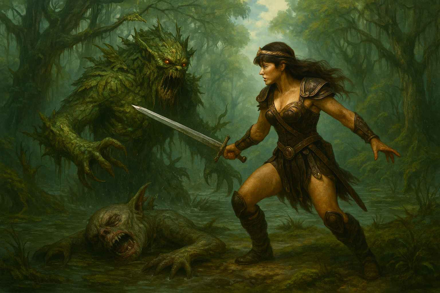 Dark Fantasy Forest Duel wallpaper featuring a warrior queen in golden armor battling a monstrous vine creature. Set in a lush, magical forest filled with dark fantasy and epic battle elements. Perfect for PC backgrounds, bringing fantasy and adventure to your screen