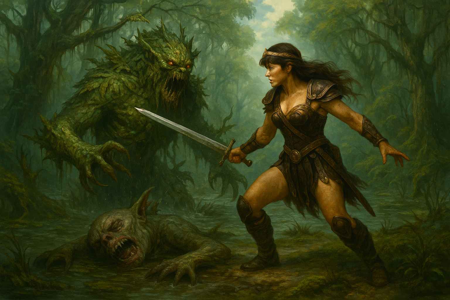 Dark Fantasy Forest Duel wallpaper featuring a warrior queen in golden armor battling a monstrous vine creature. Set in a lush, magical forest filled with dark fantasy and epic battle elements. Perfect for PC backgrounds, bringing fantasy and adventure to your screen