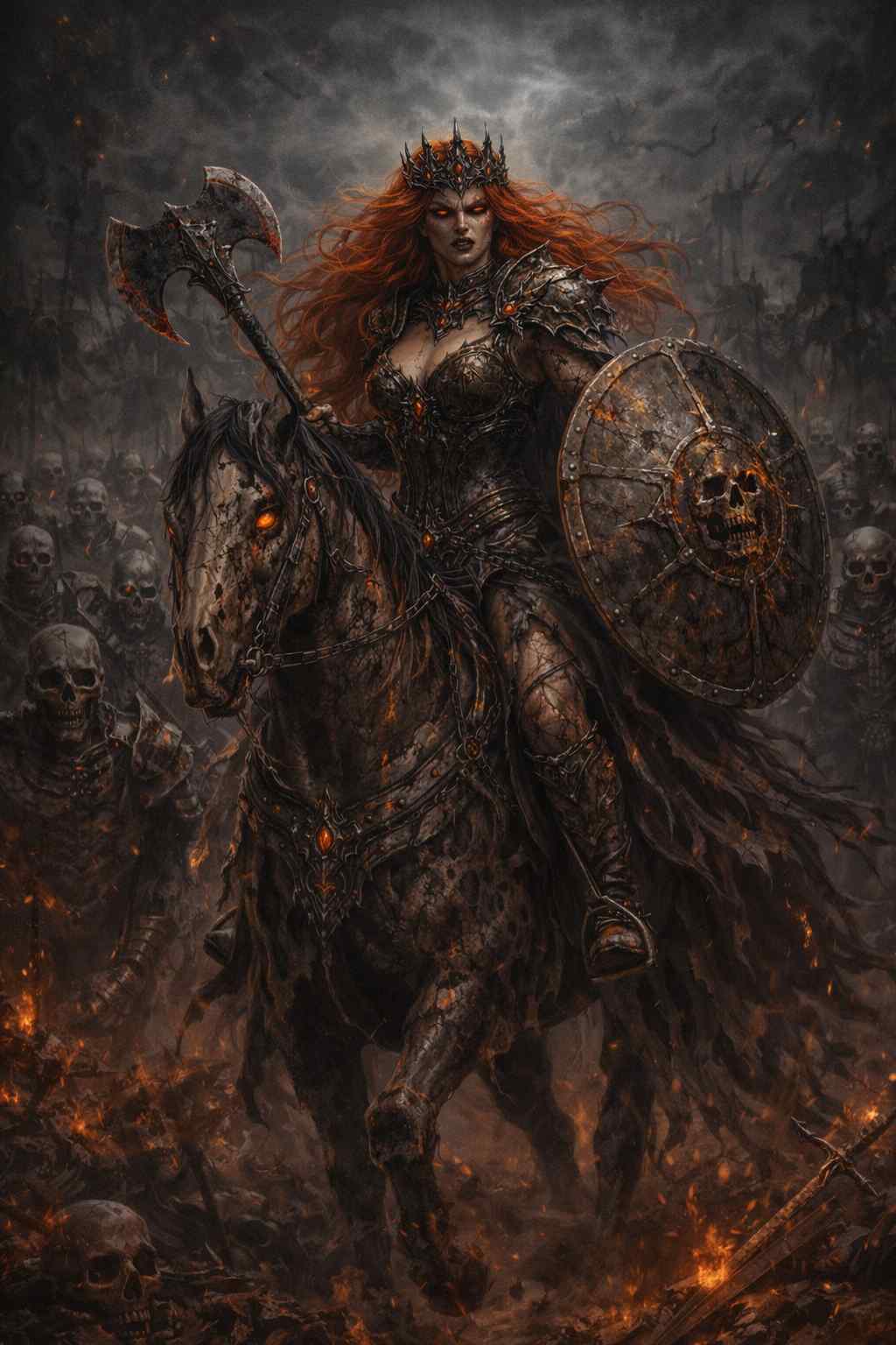 Dark fantasy mobile wallpaper showing a fiery-haired undead empress riding a skeletal warhorse across a burning battlefield, holding a massive axe and cracked skull-marked shield, surrounded by rising skeletal soldiers and drifting ash, creating a dramatic cinematic phone background.