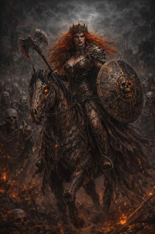 Dark fantasy mobile wallpaper showing a fiery-haired undead empress riding a skeletal warhorse across a burning battlefield, holding a massive axe and cracked skull-marked shield, surrounded by rising skeletal soldiers and drifting ash, creating a dramatic cinematic phone background.