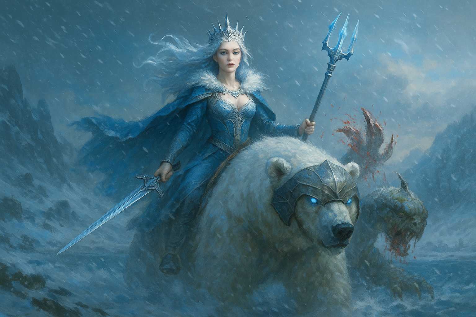 Dark Fantasy Ice Queen PC wallpaper featuring a queen riding a polar bear with glowing sword and trident, battling a serpent in a snowy, frozen landscape. Perfect for fans of dark fantasy and epic battles.