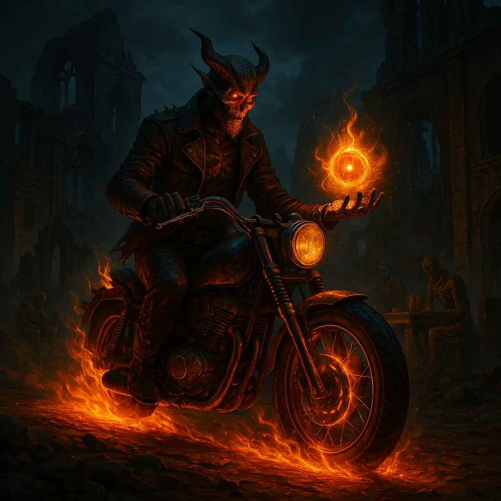 Dark fantasy mobile wallpaper depicting a demonic rider on a flaming motorcycle holding a glowing infernal sigil, riding through ruined gothic architecture with fire, embers, and a cinematic apocalyptic atmosphere.