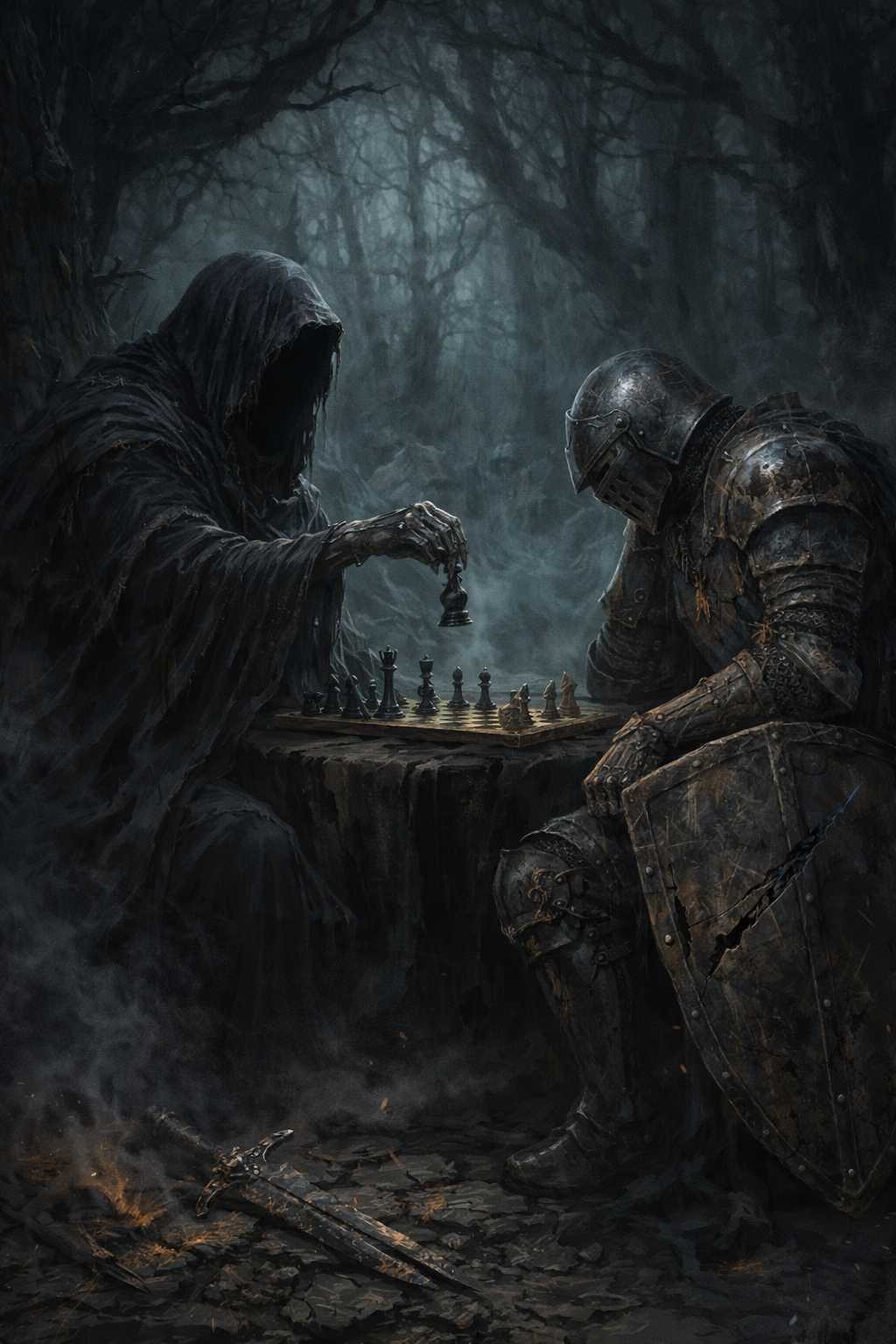 Dark fantasy mobile wallpaper featuring a hooded reaper and a battle-worn knight playing a final chess match in a misty forest, with cracked armor, a fallen sword, drifting smoke, ancient trees, and a dramatic, atmospheric tension perfect for cinematic dark fantasy phone displays.