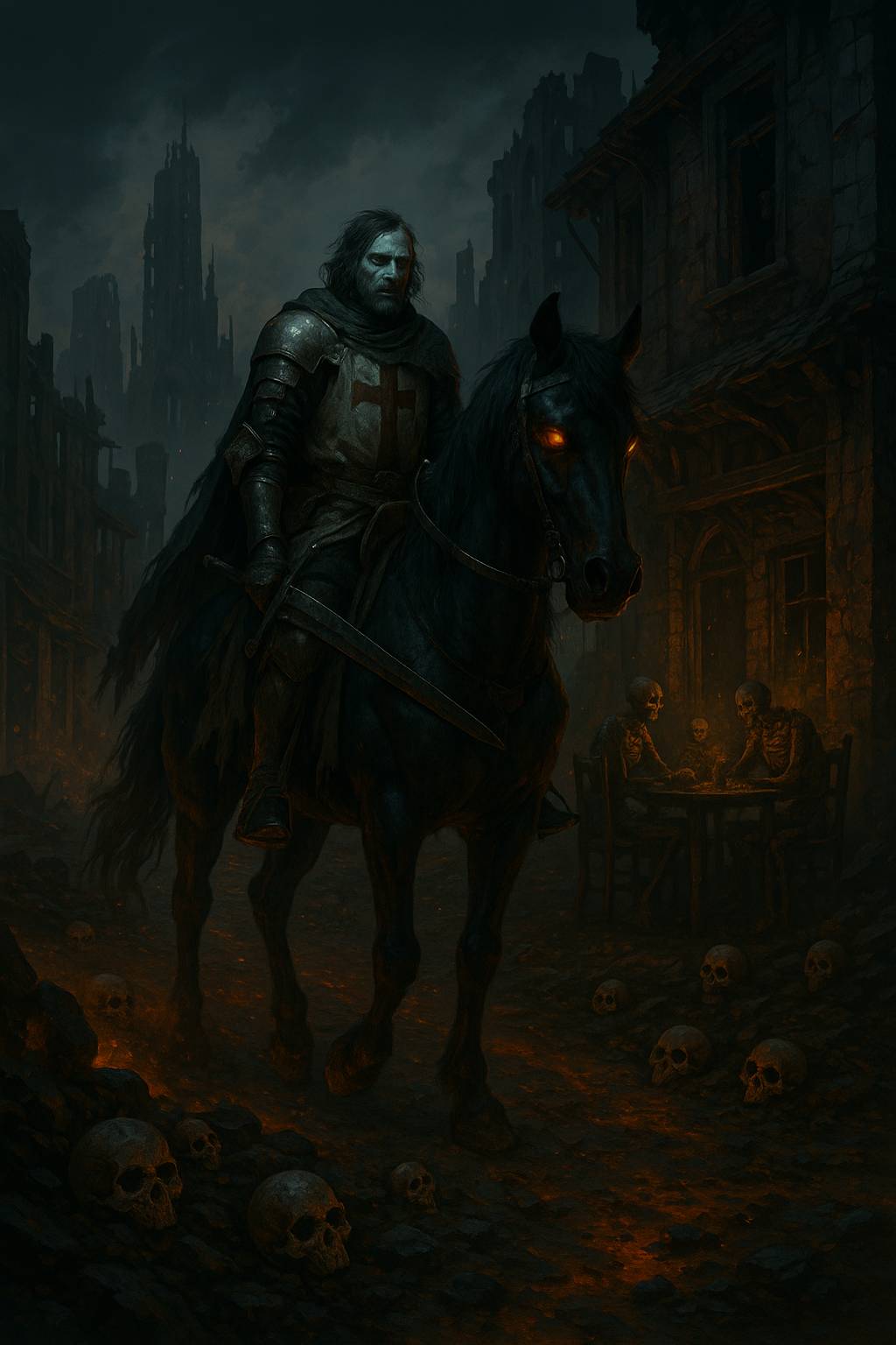 Dark fantasy mobile wallpaper depicting a lone armored knight riding a dark horse through a ruined city filled with skulls and ashes, under a stormy sky with glowing eyes and cinematic gothic atmosphere.